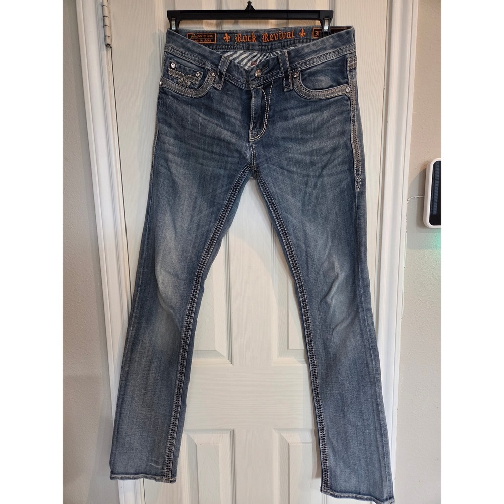 Rock Revival Ashley Straight Easy Jeans Medium Wash Rhinestone Distressed 30